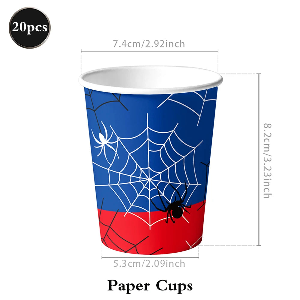 A paper cup featuring a red and blue design with a spider web pattern.