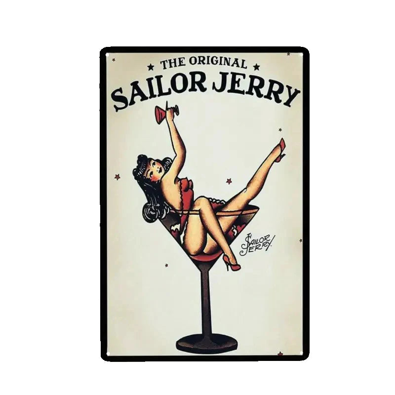Vintage beer metal tin sign featuring a illustration of Sailor Jerry