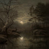 A moody landscape painting featuring a dark forest, bare trees, and a reflective body of water under a dim sky.