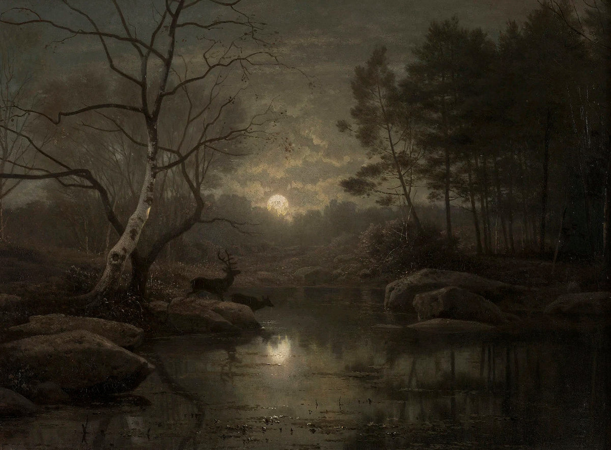 A moody landscape painting featuring a dark forest, bare trees, and a reflective body of water under a dim sky.
