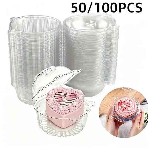 A set of 50 plastic cake boxes with lids and a pink cat head design are shown alongside stacked clear plastic cups.