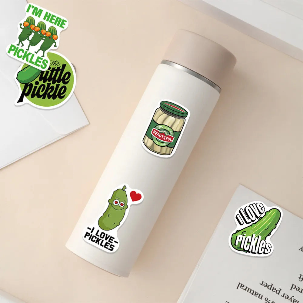 A white pen features cartoon pickle stickers and a green bottle with the text I love pickles.