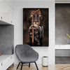 A dark canvas painting depicting a lion with a sword and armor, displayed on a white wall.