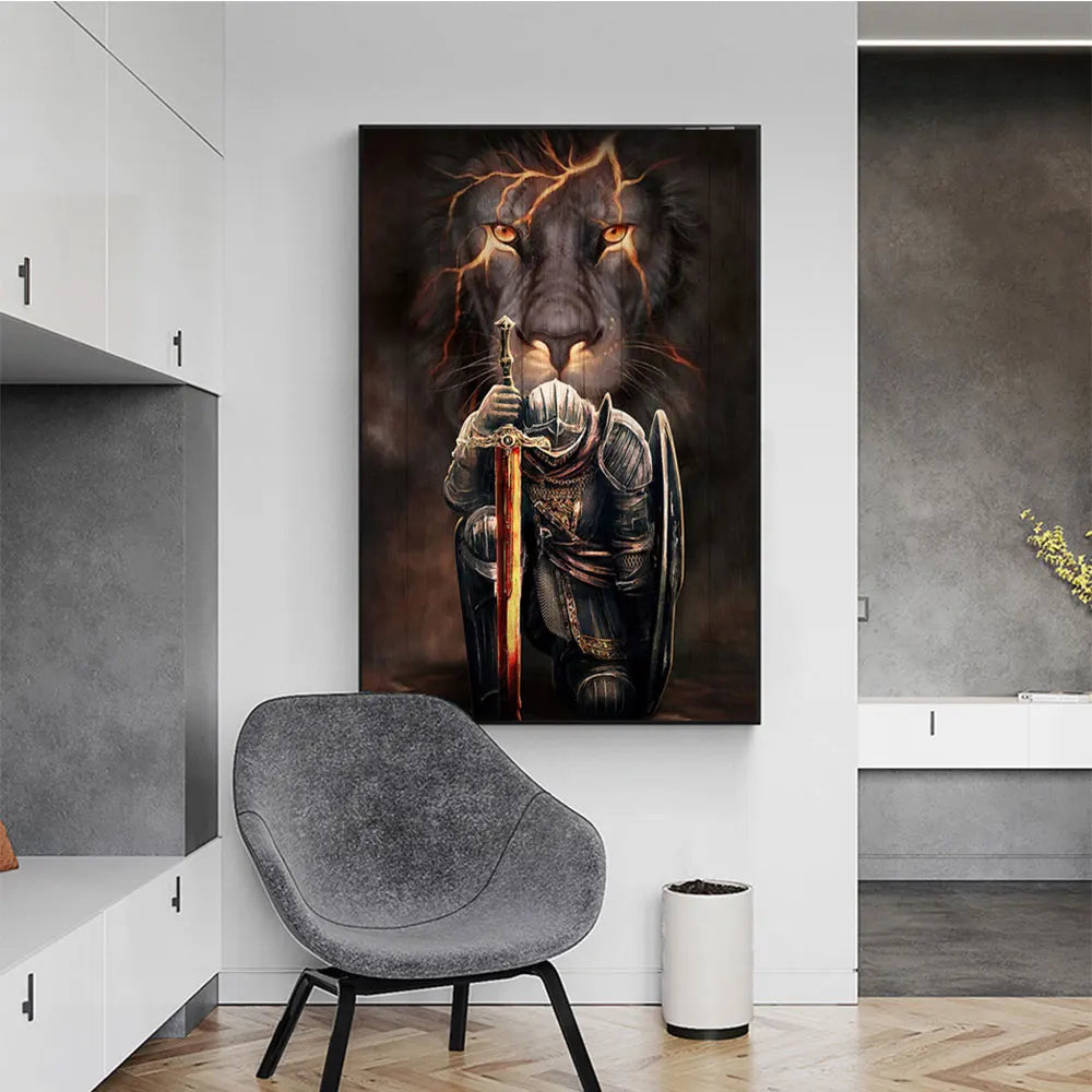 A dark canvas painting depicting a lion with a sword and armor, displayed on a white wall.