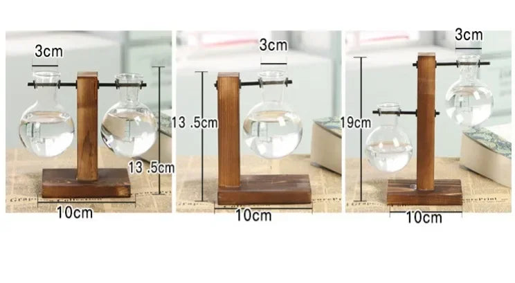 A wooden clamp stand holds a glass vase with a plant, demonstrating various heights and measurements.