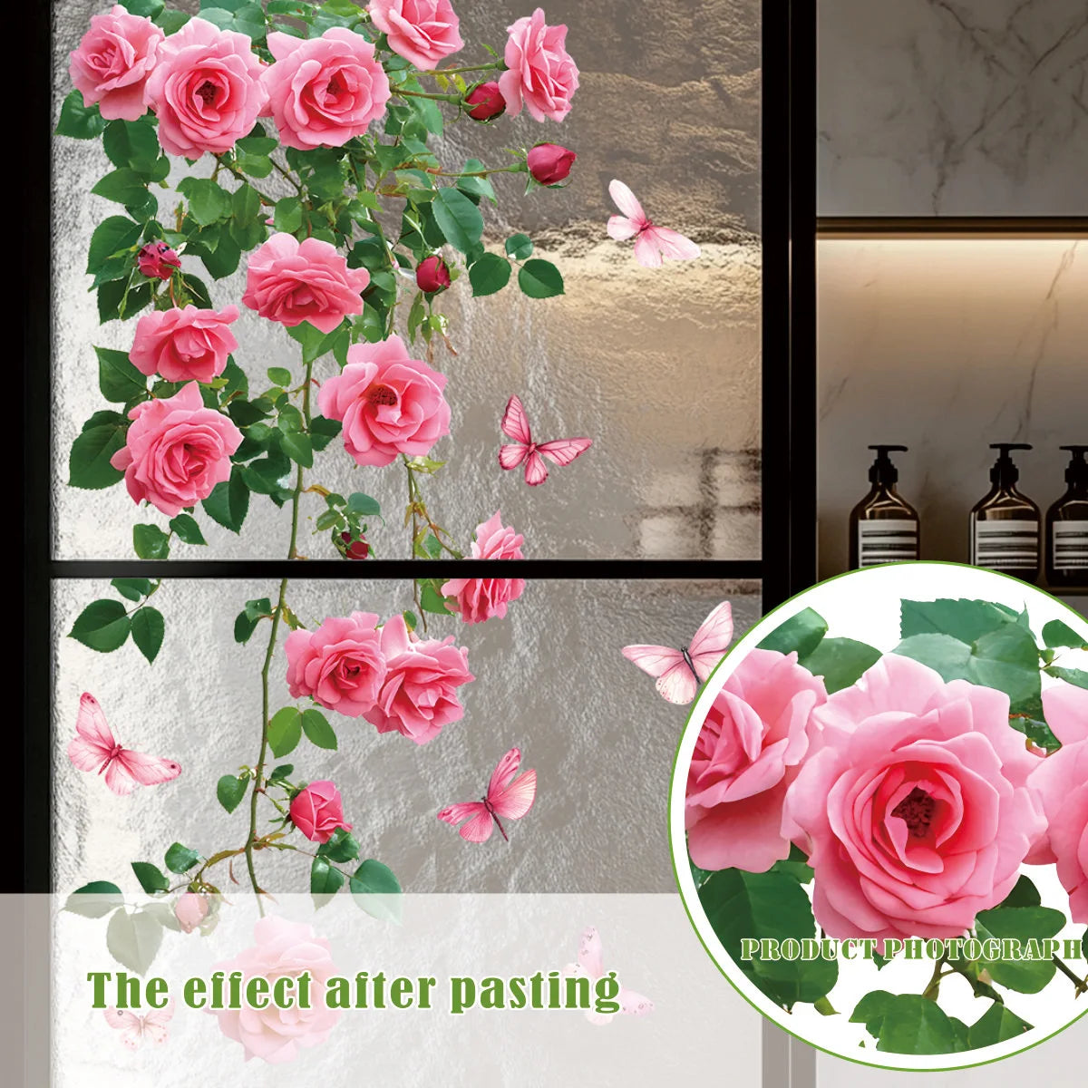 Pink rose and butterfly floral window decal showing the effect after pasting