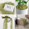 A collection of artificial plant vines and succulents displayed in a white pot and woven moss, with another hanging vine in a