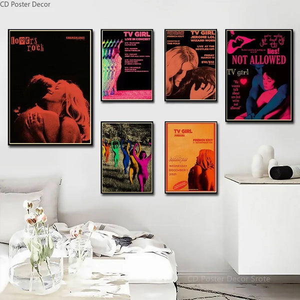 A gallery wall featuring four vintage posters titled Love Is Rock, TV Girl, and French Exit.