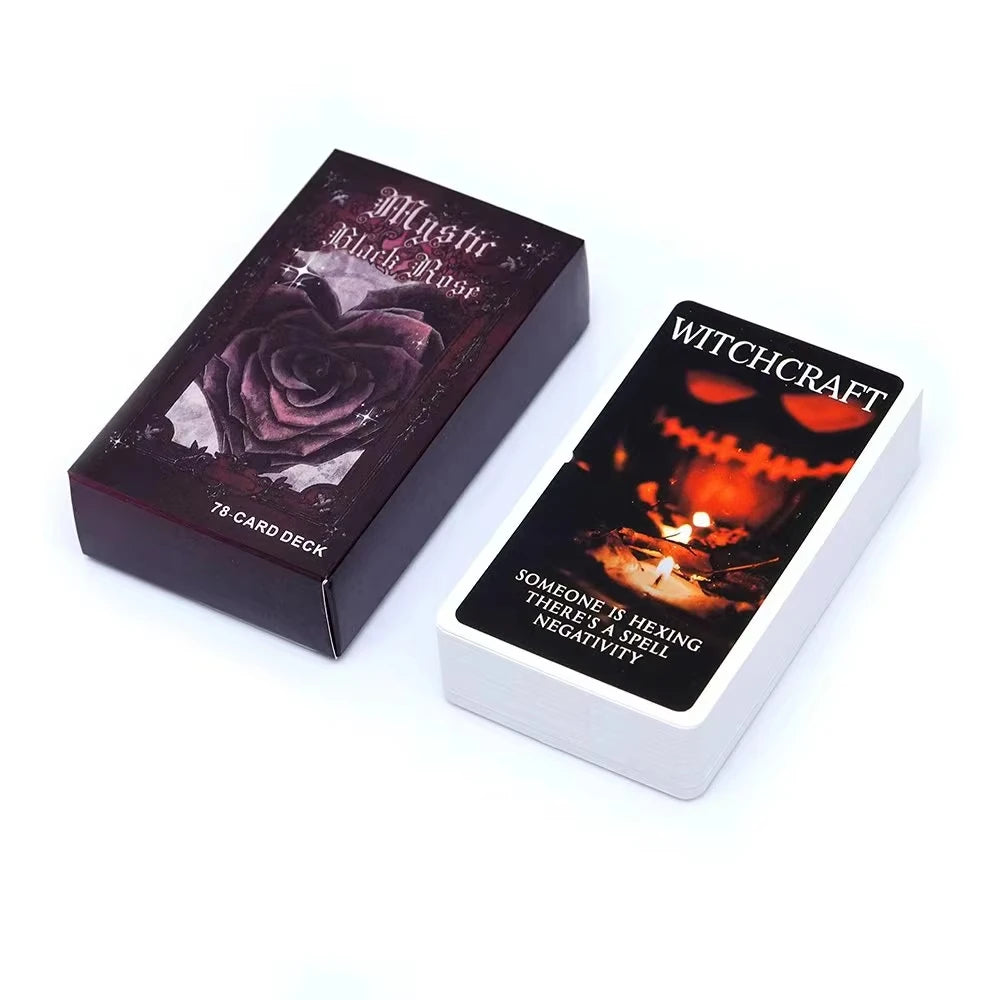 A box of the Mystic Black Rose Tarot Deck containing 78 cards for spiritual guidance.