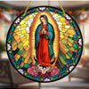 A colorful stained glass style acrylic Mary suncatcher featuring the Virgin Mary in a halo surrounded by vibrant geometric pa