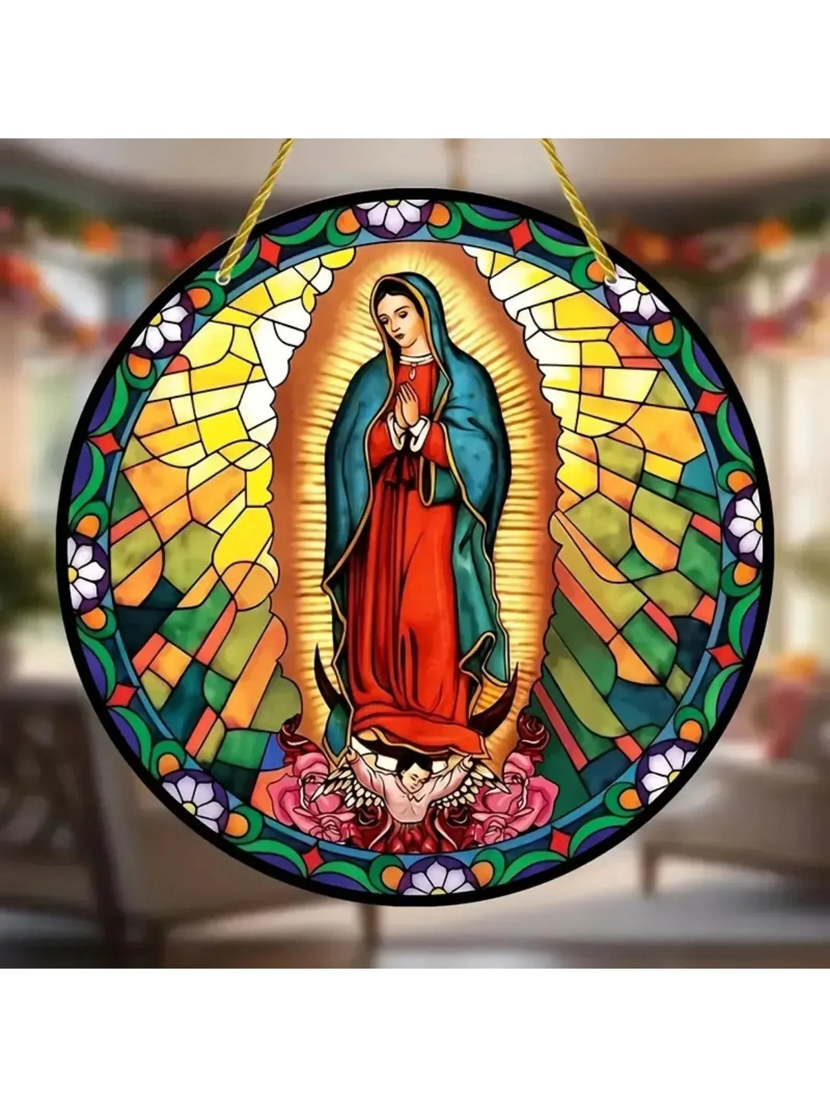 A colorful stained glass style acrylic Mary suncatcher featuring the Virgin Mary in a halo surrounded by vibrant geometric pa