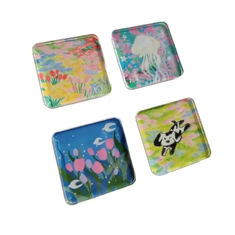 Three colorful acrylic magnetic sheets featuring floral and animal designs for crafts and refrigerator magnets