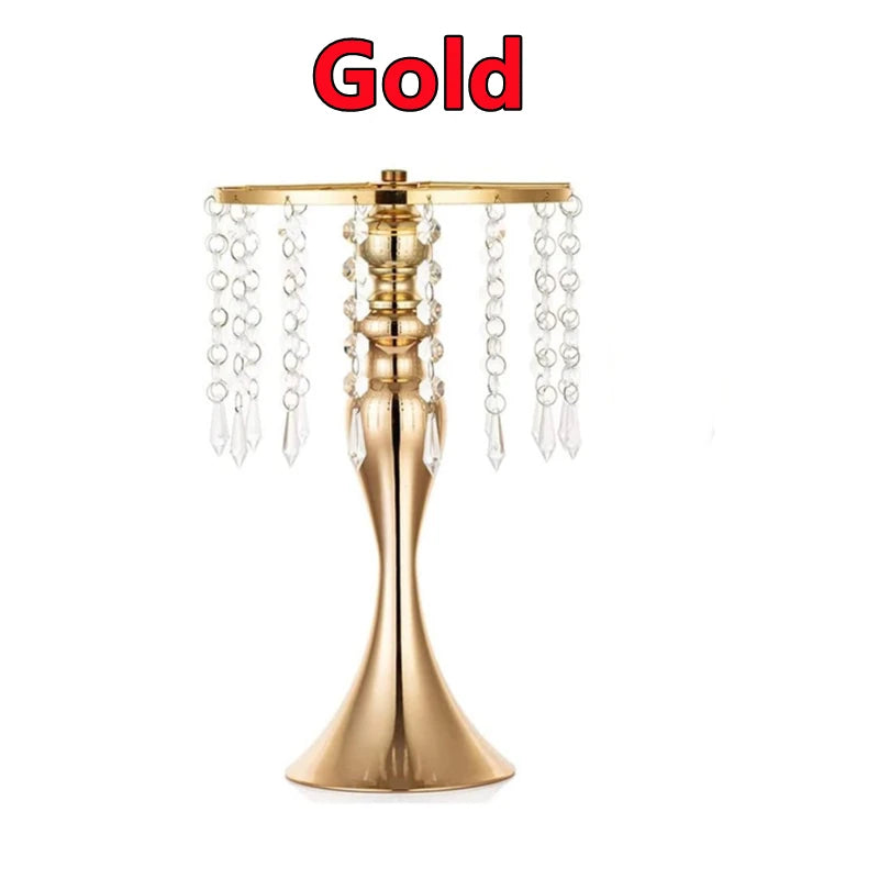 Gold crystal flower centerpiece stand with candle holder featuring multiple hanging crystals.