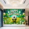 A vibrant green football themed birthday backdrop banner featuring a soccer ball, balloons, and gifts.