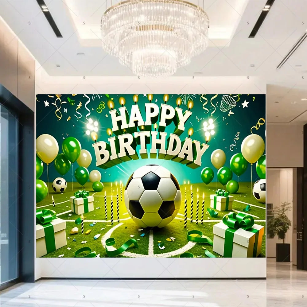 A vibrant green football themed birthday backdrop banner featuring a soccer ball, balloons, and gifts.