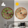 A minimalist round wall clock with wooden texture and glowing hands is displayed against a light gray wall.