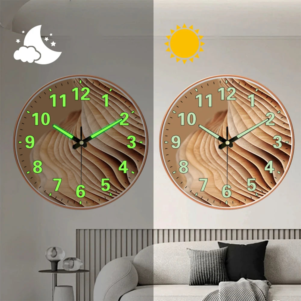 A minimalist round wall clock with wooden texture and glowing hands is displayed against a light gray wall.