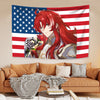 A decorative tapestry wall hanging featuring a red-haired anime character in a patriotic American flag design.
