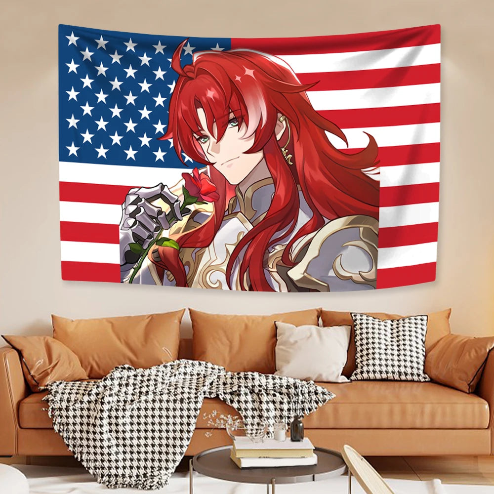 A decorative tapestry wall hanging featuring a red-haired anime character in a patriotic American flag design.