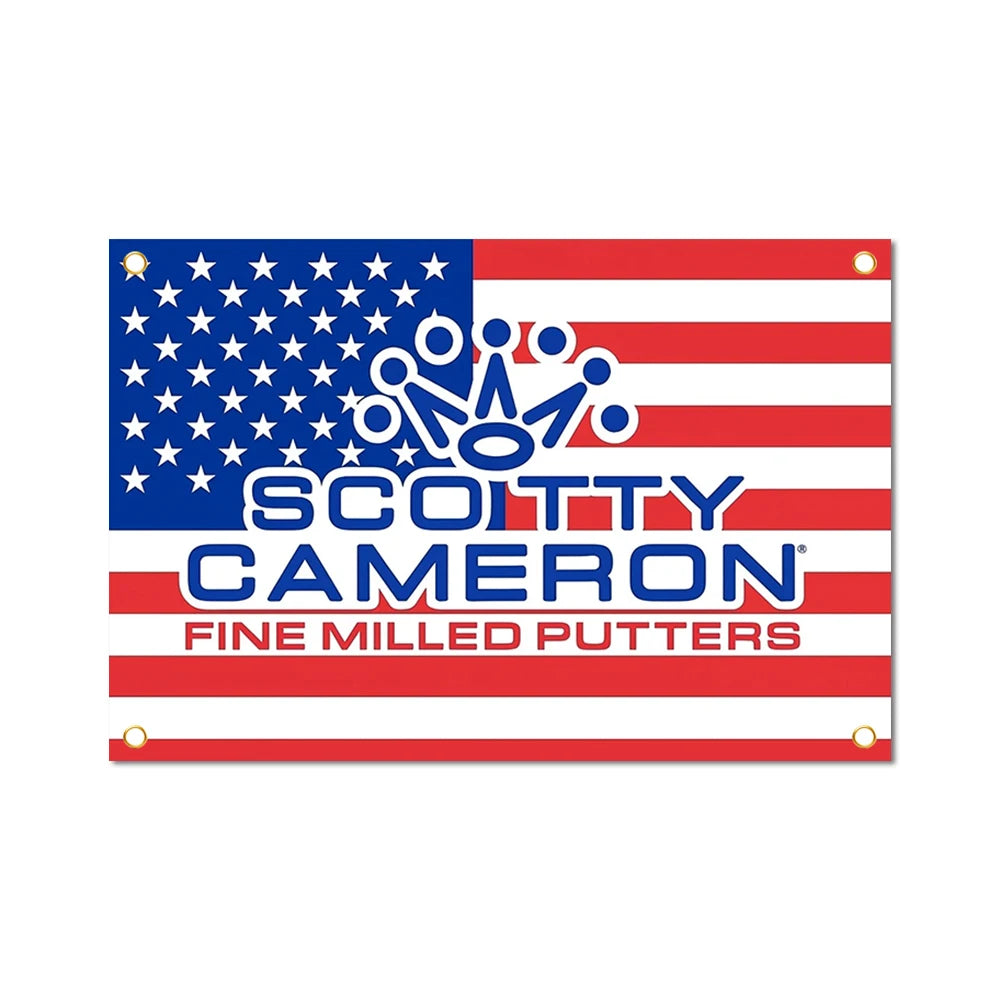 A rectangular tapestry featuring the American flag design with a crown logo and the text SCOTTY CAMERON FINE MILLED PUTTERS.