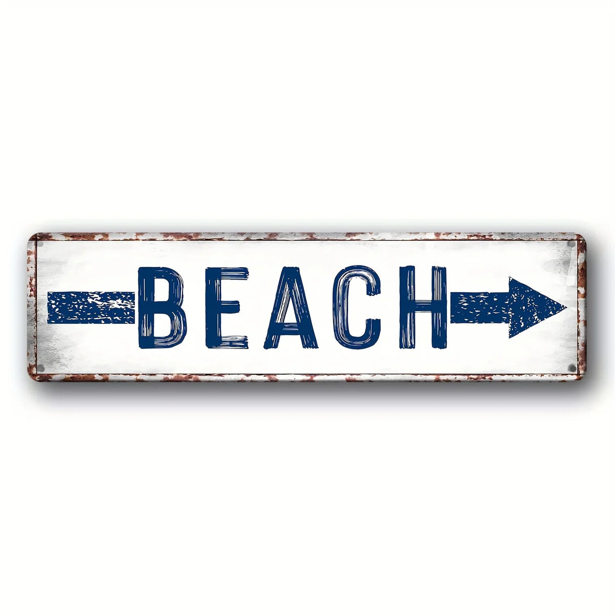 A weathered metal sign with the word BEACH painted in blue, featuring directional arrows.