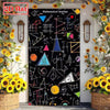 A classroom door banner featuring mathematical symbols and equations on a black background.