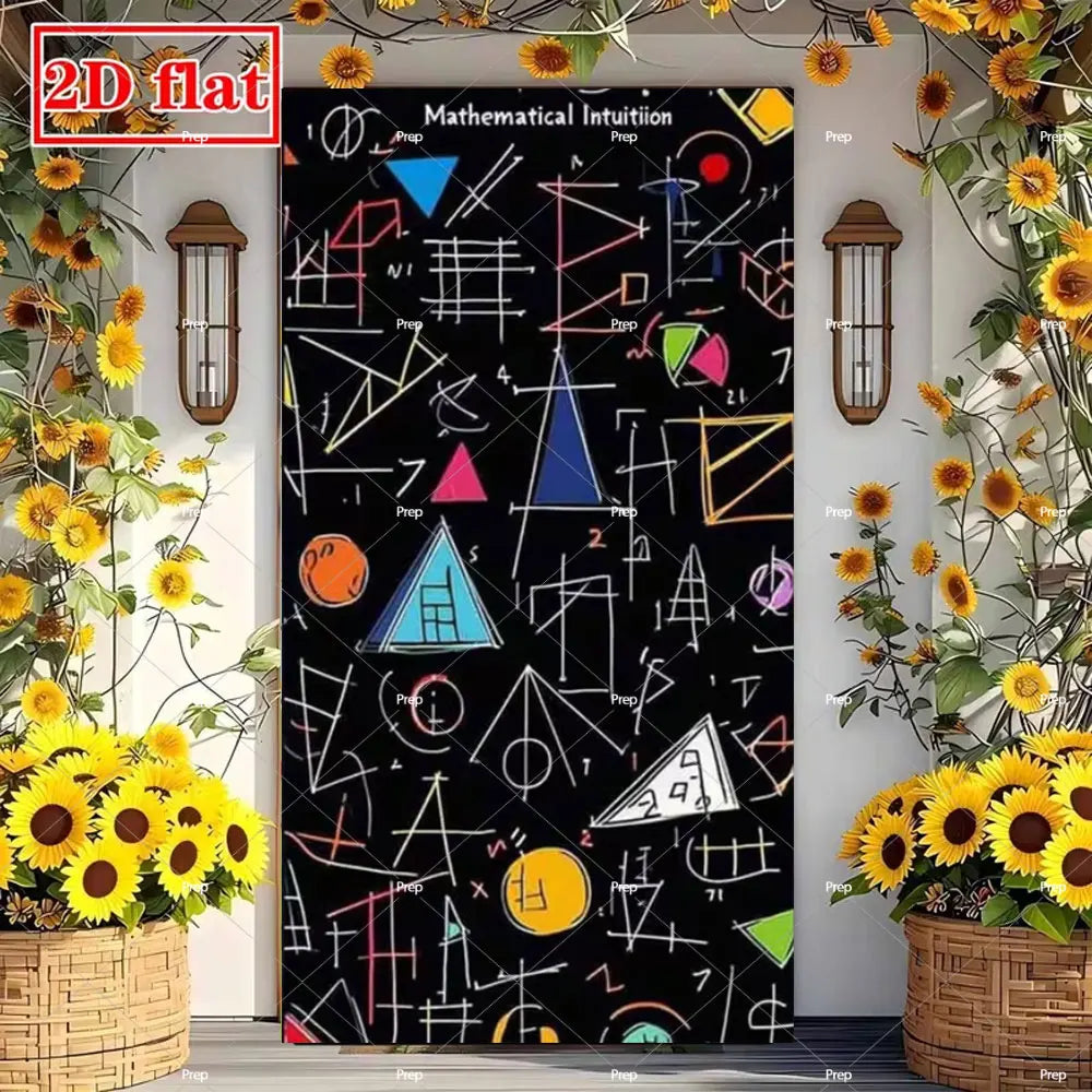 A classroom door banner featuring mathematical symbols and equations on a black background.