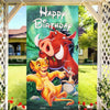 A vibrant poster featuring a cartoon bull and a lion cub celebrating a happy birthday, used as a door cover backdrop.