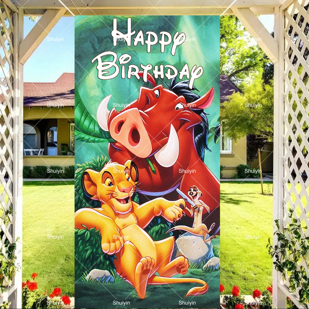 A vibrant poster featuring a cartoon bull and a lion cub celebrating a happy birthday, used as a door cover backdrop.