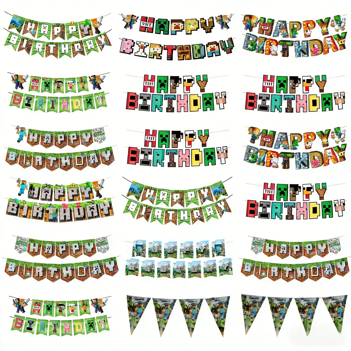 A collection of pixel art birthday banners and decorations featuring various characters and text for a Minecraft themed party