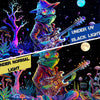 A vibrant, psychedelic alien figure playing a guitar against a dark background with glowing plants and cosmic elements.