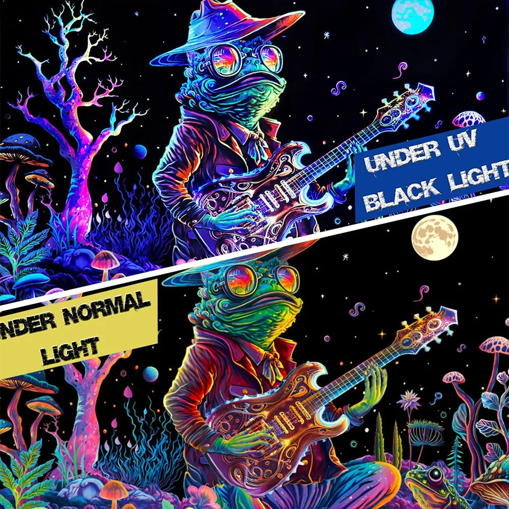 A vibrant, psychedelic alien figure playing a guitar against a dark background with glowing plants and cosmic elements.
