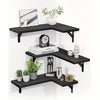 Black wood floating corner shelves displaying plants and decorative items.