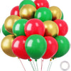 A cluster of glossy latex balloons in red, gold, and green colors.