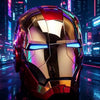 A close-up of an Iron Man MK5 wearable helmet with a metallic red and gold finish, illuminated by blue LED lights against a c