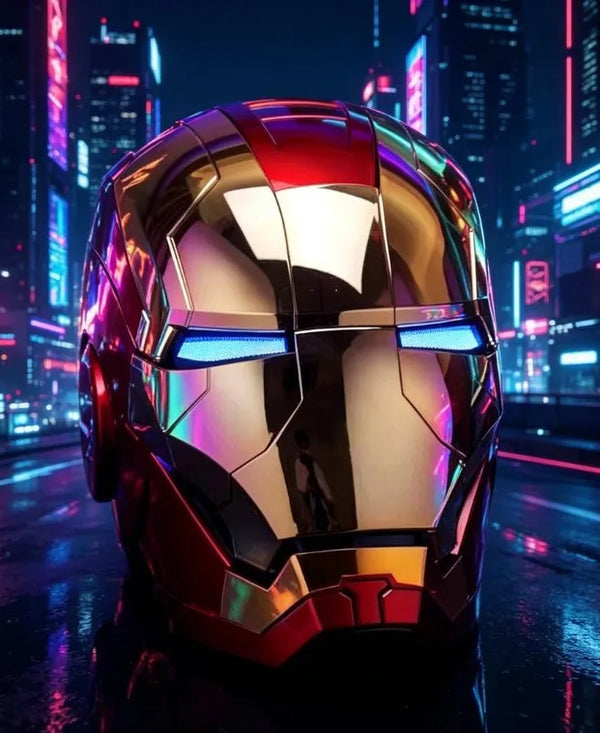 A close-up of an Iron Man MK5 wearable helmet with a metallic red and gold finish, illuminated by blue LED lights against a c