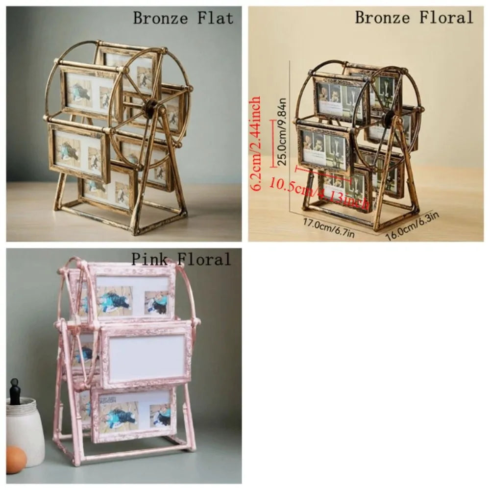 A set of rotating photo frames in bronze and pink floral designs displayed on a stand.