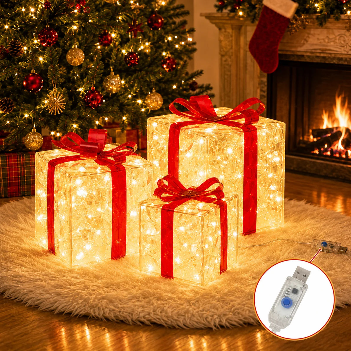 Three glowing gold gift boxes wrapped in red ribbon and LED lights resting on a fluffy rug near a fireplace.