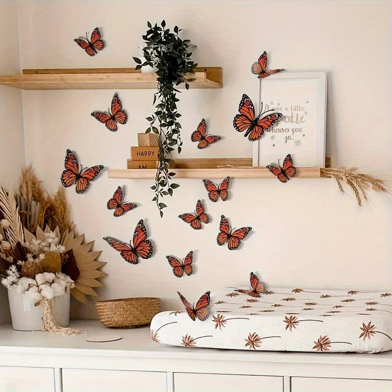 A display of 3D monarch butterfly wall decals on a light-colored wall and wooden shelves.