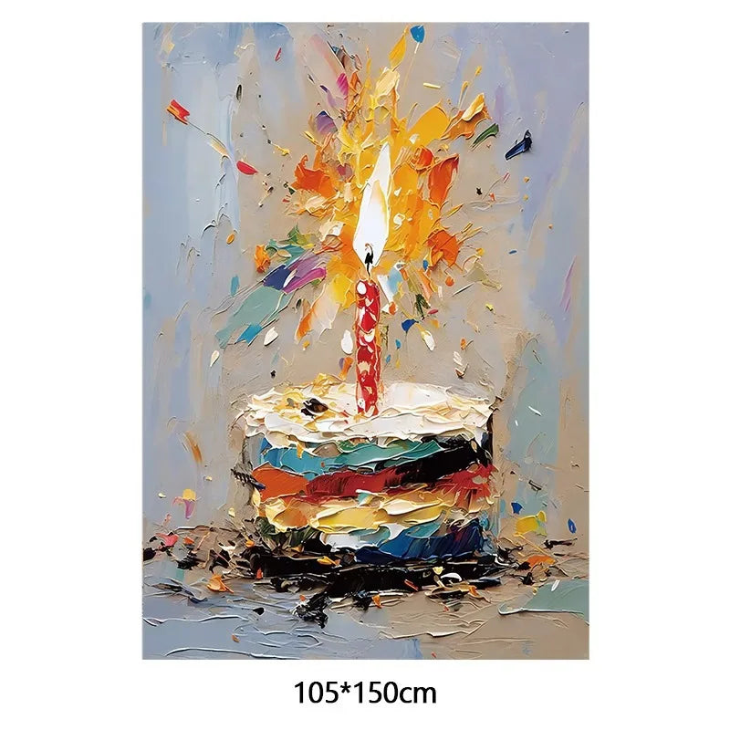 An abstract painting of a lit candle on a colorful cake against a light blue background.