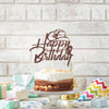A brown glitter birthday cake topper featuring a cowboy hat and stars on a white cake.