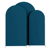 Three navy blue spandex fitted wedding arch covers standing upright.