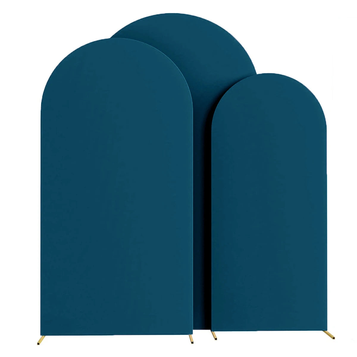 Three navy blue spandex fitted wedding arch covers standing upright.