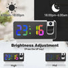 A projection alarm clock showing time and brightness adjustment options for different times of day.