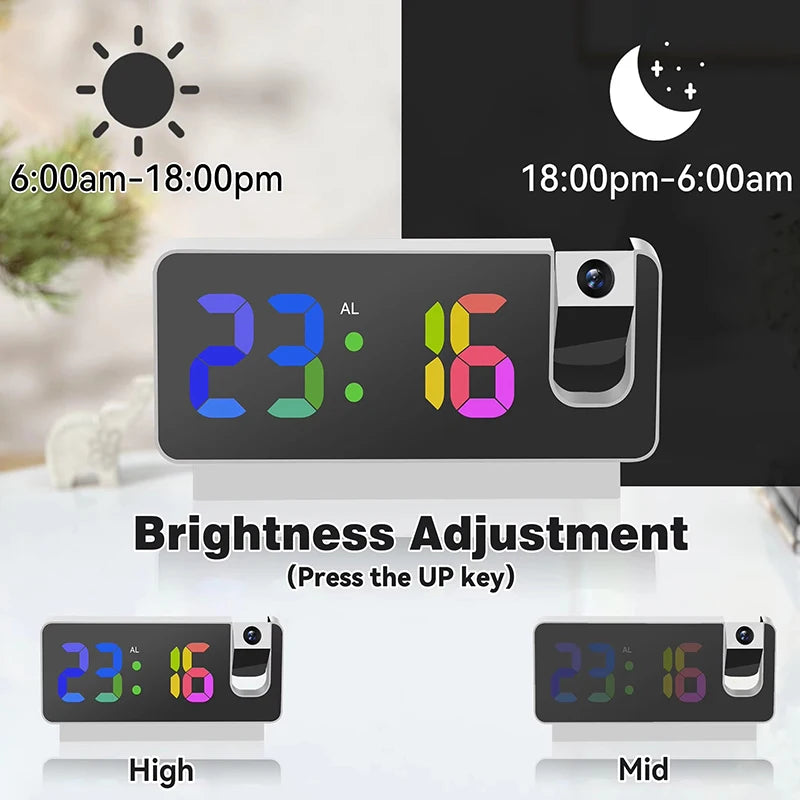A projection alarm clock showing time and brightness adjustment options for different times of day.