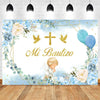A watercolor floral backdrop featuring blue and white flowers, gold accents, and a cross for a baptism or communion celebrati