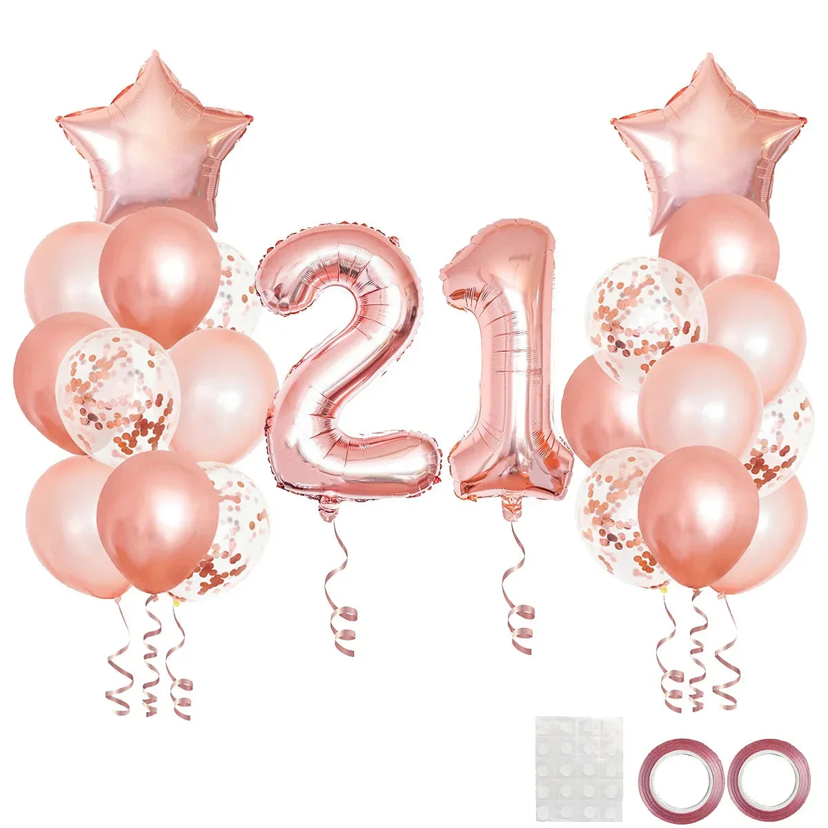 A collection of rose gold foil balloons including a number 2 and a number 1, used for milestone birthday decor.