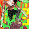 A vibrant poster featuring Chainsaw Man characters in dynamic poses with bright yellow and green background elements.