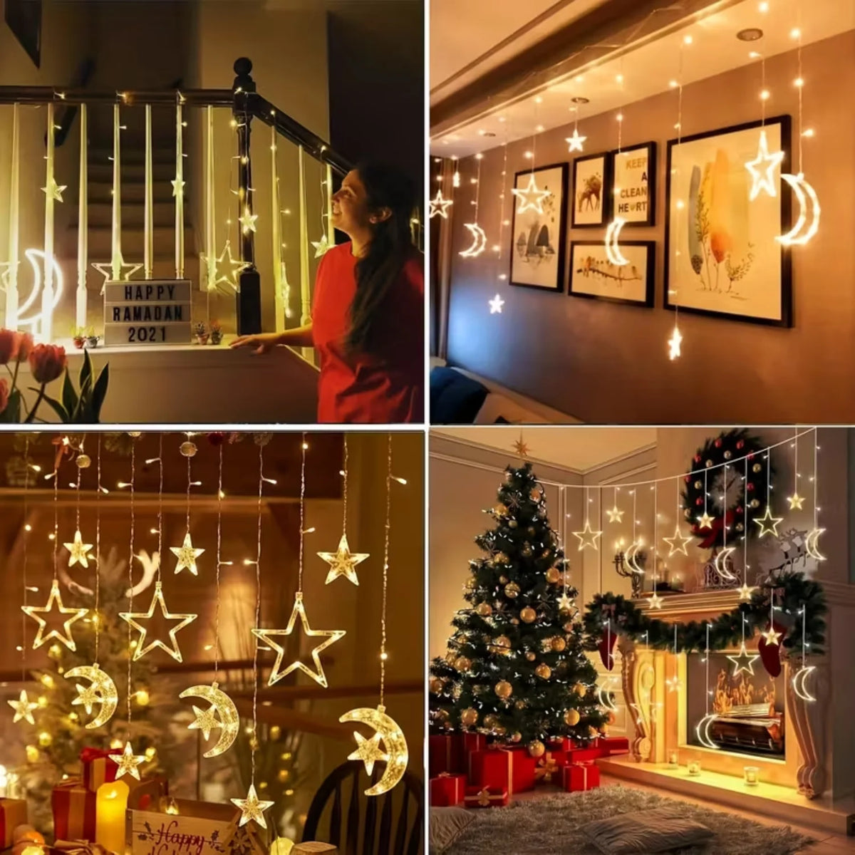 String lights with stars and moons decorate a cozy room, featuring warm yellow and gold tones.
