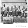 Black and white painting of people in New York City with a skyline background